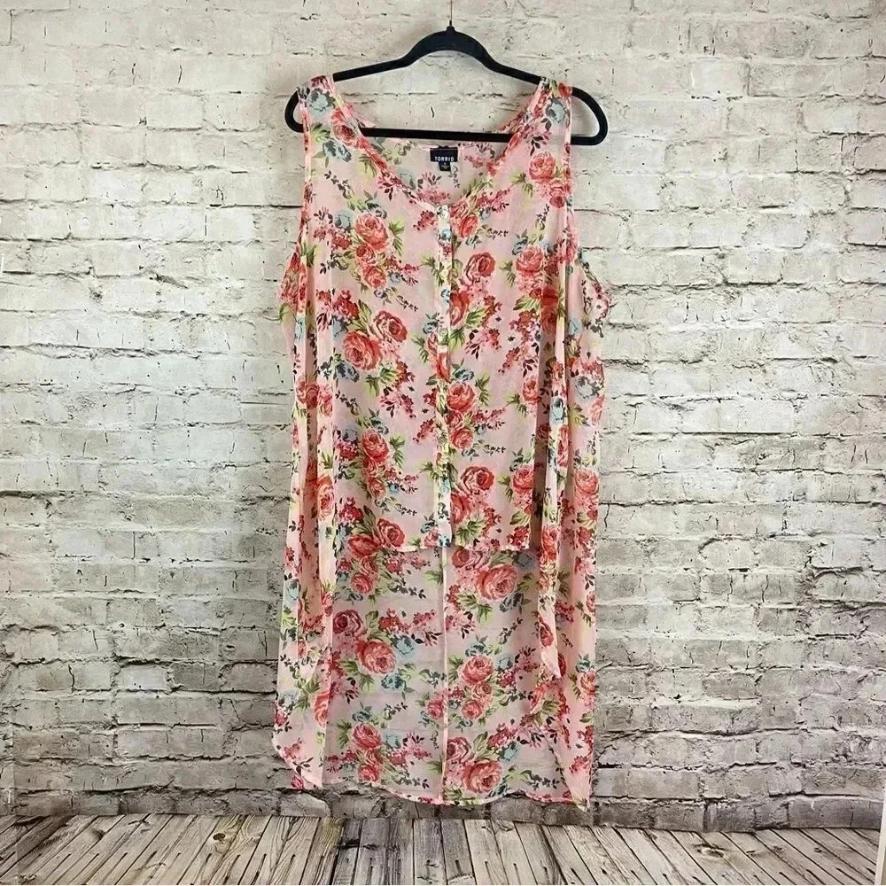 Torrid Size 1 1X 14/16 Button Down Floral Chiffon Hi Low Sleeveless Tunic Blouse - Picture 2 of 8